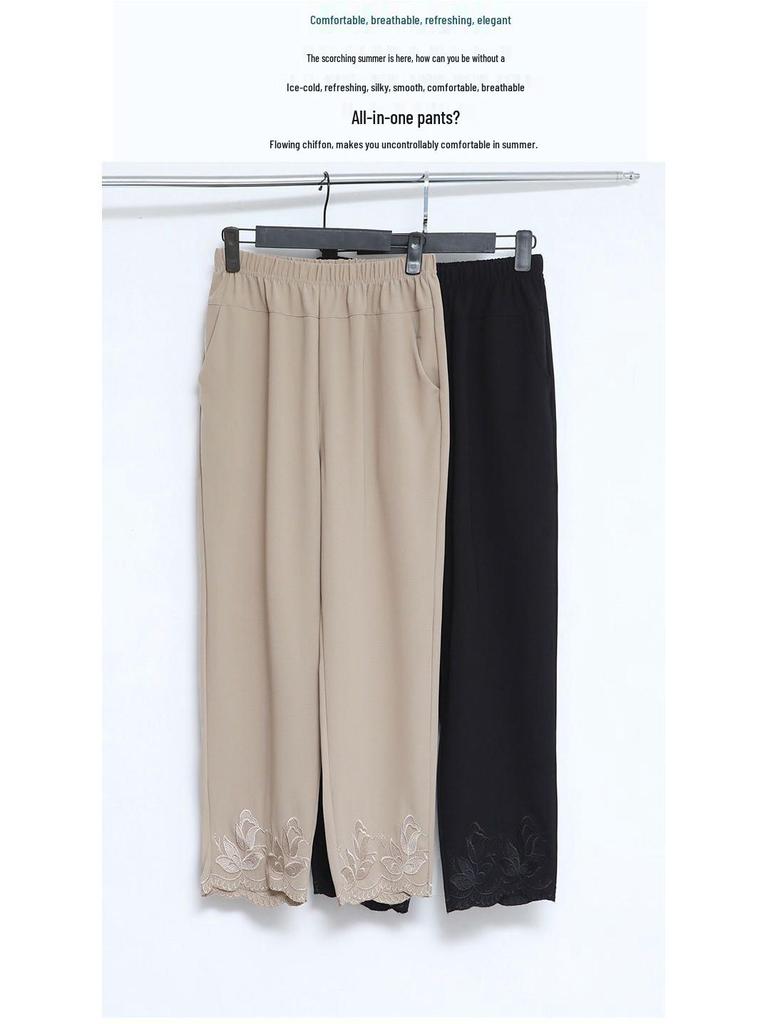 Mom's Chiffon High-Waisted Embroidered Loose-Fit Capri & Ankle Pants for Middle-Aged Women