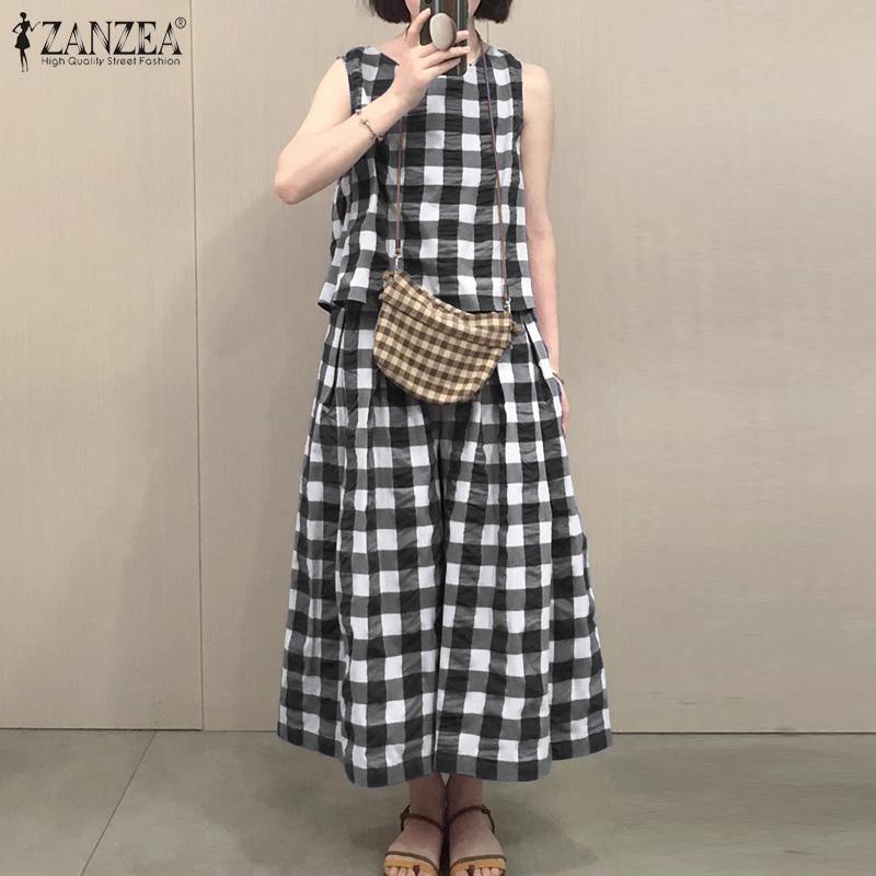 

ZANZEA Женские топы и длинные юбки Летние клетчатые комплекты из двух предметов 4XL чёрный