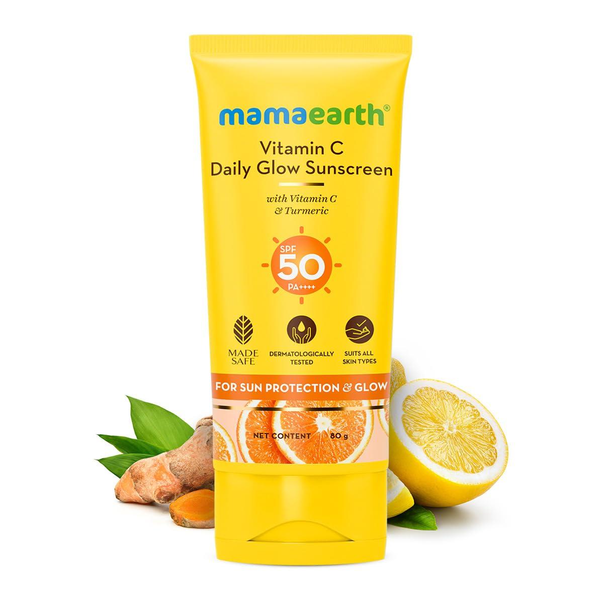 

Mamaearth Солнцезащитный крем с витамином С и куркумой SPF 50 PA+++ для сияния и защиты от загара 80 г Легкий Нелипкий Не оставляет белых следов