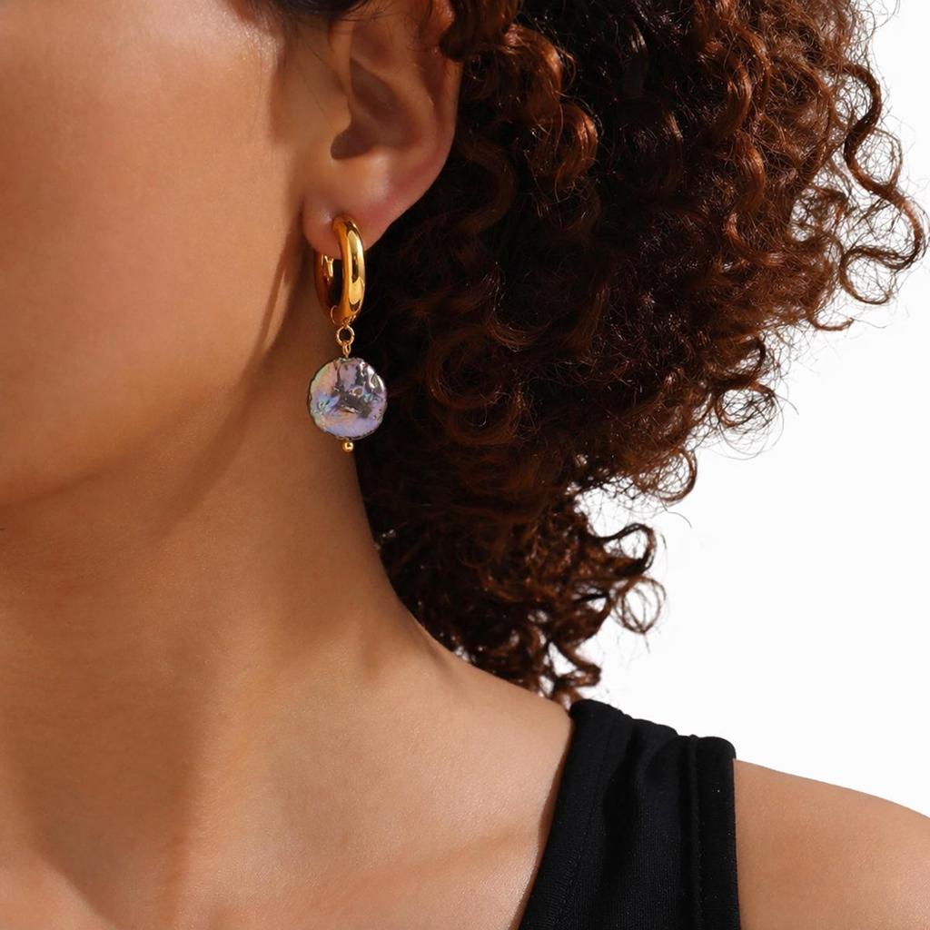 Cross-Border Fashionable Pearl Baroque Hoop Earrings, 18K Stainless Steel, High-End Look, Fade-Resistant.