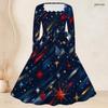 Plus Size Women Square Neck Long Sleeve Dress With Belt Red Blue Gold Star Firework Glitter Print Swing Dress