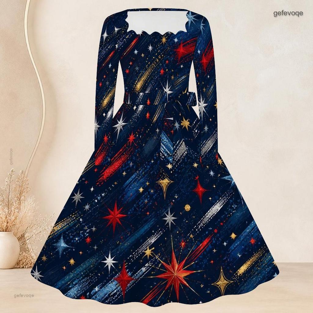 Plus Size Women Square Neck Long Sleeve Dress With Belt Red Blue Gold Star Firework Glitter Print Swing Dress