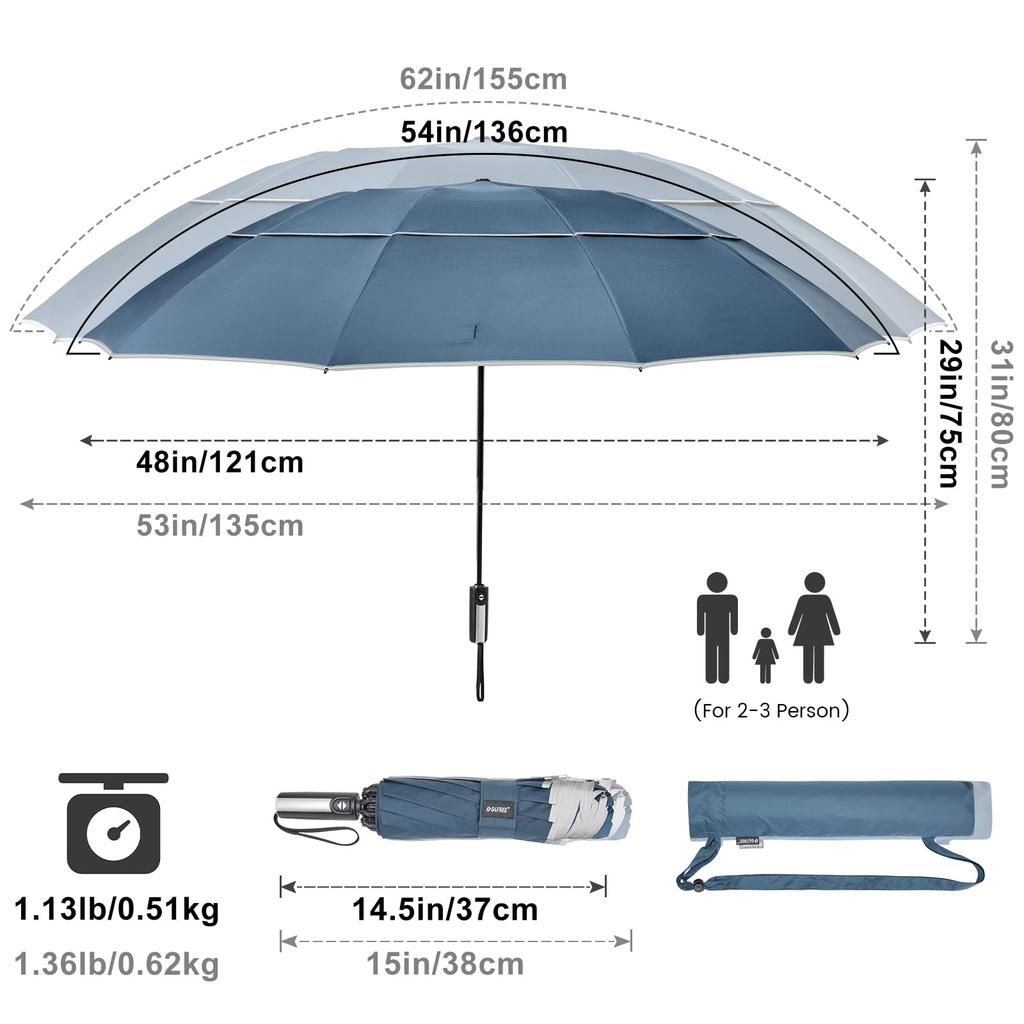 G4Free Windproof Inverted Umbrella with Reflective Large Compact Reverse Golf Umbrella for Double Canopy Travel Umbrella with Auto 62-inch Stripes,