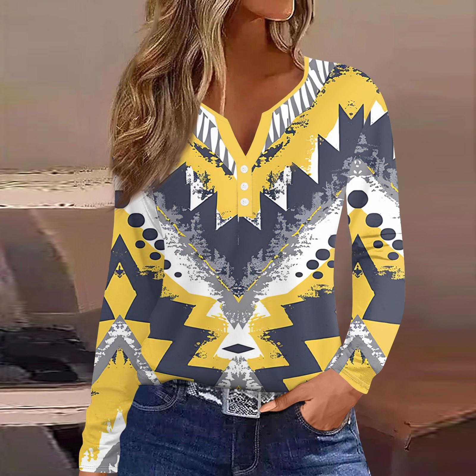 

Женская мода, повседневная футболка с цветочным принтом, V-образным вырезом, длинными рукавами и пуговицами, топ с длинными рукавами S жёлтый