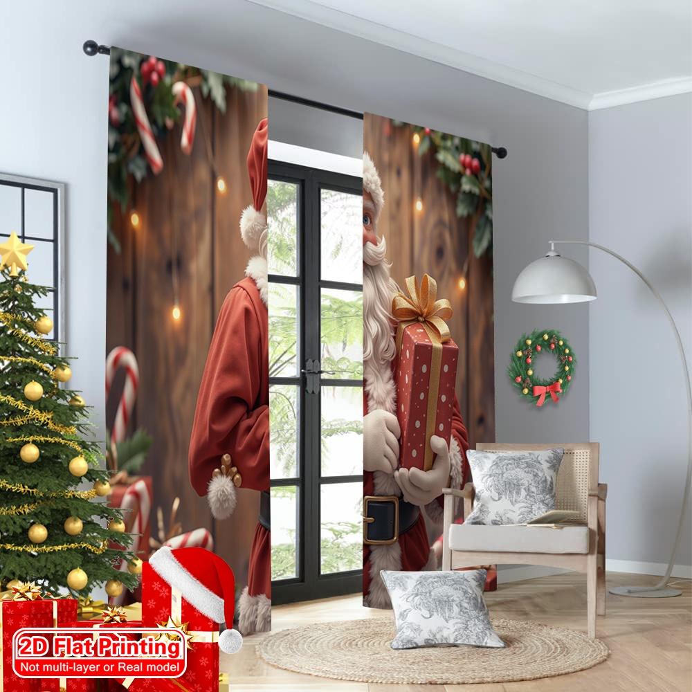 2pcs 2D Flat Printing Christmas Window Drapes Santa Claus Gifts Christmas Festive 100% Polyester Without Electricity Holiday