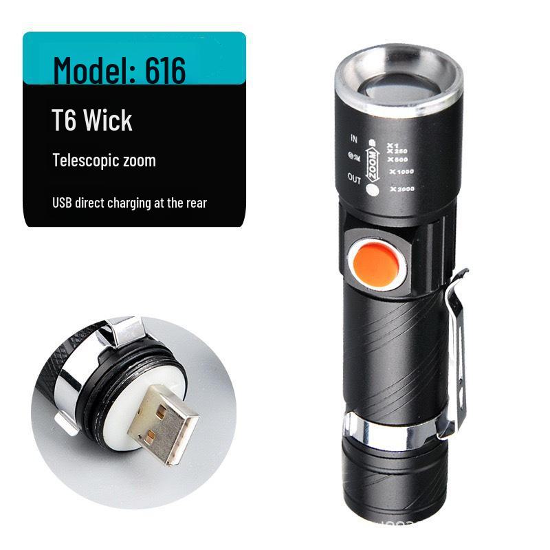616 Aluminum Alloy USB Rechargeable LED Flashlight for Outdoor Portable Night Fishing
