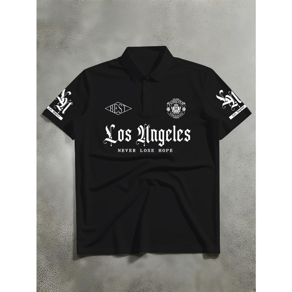 Men's Short-sleeved Polo Shirt, American Street Style Los Angeles English Printed Polo Shirt