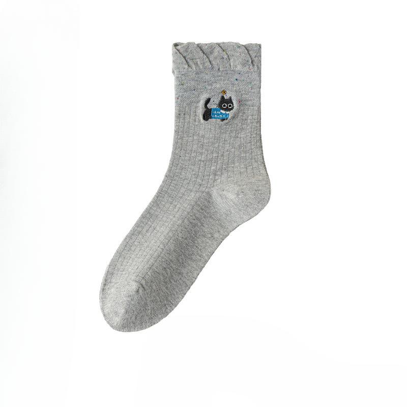 

Женские осенне-зимние мультяшные носки средней длины с вышивкой кошки, идея, пряжа, пузырчатый рот, кружево 1 pair серый