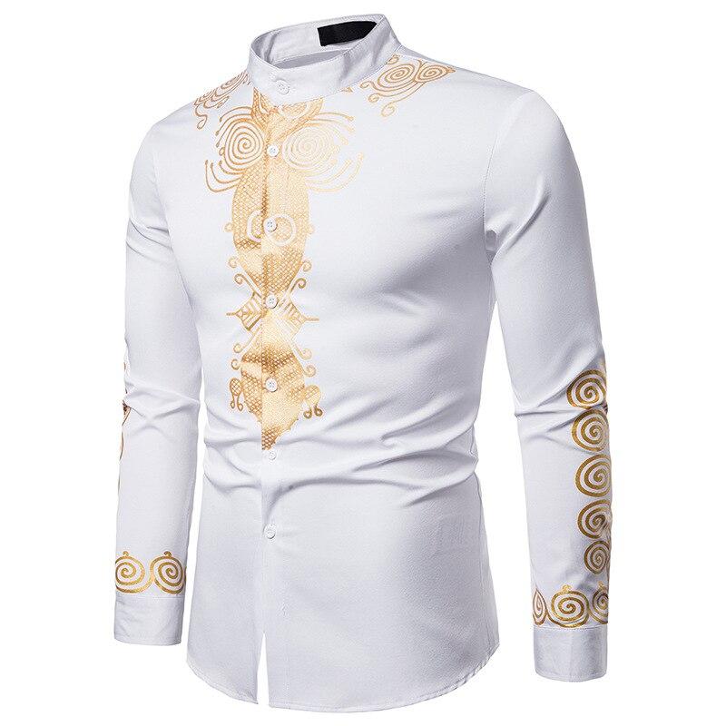 Cămașă cu nasturi în față cu imprimeu baroc pentru bărbați, cu mânecă lungă, cu guler în picioare, cămașă pentru bărbați la modă ocazională