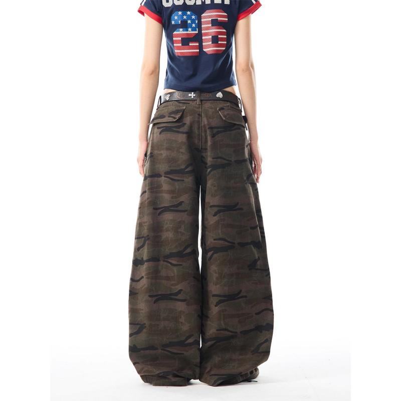 Vintage Camo Cargo Jeans Women Loose Straight Leg Casual Wide Pants Streetwear