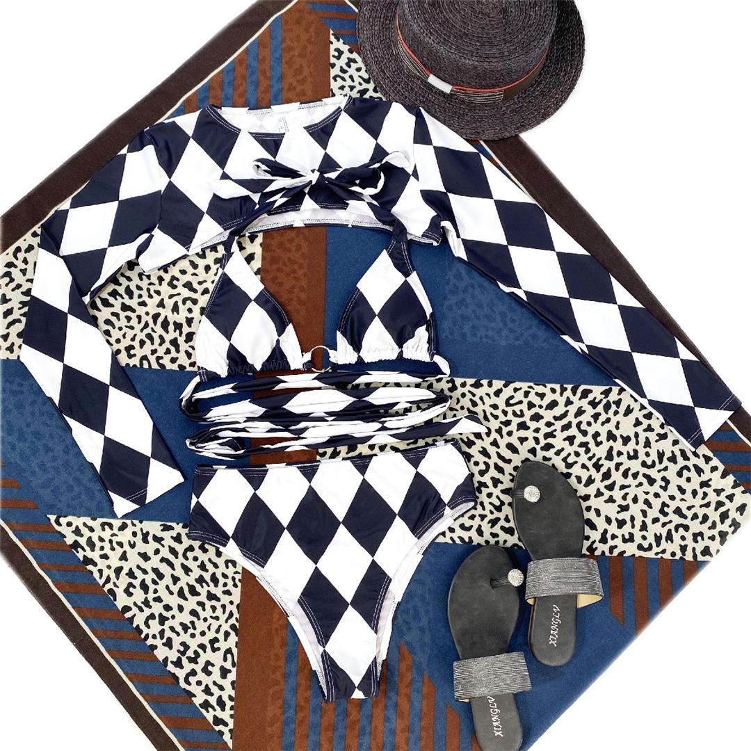 

Бикини в клетку с длинными рукавами, женский купальник, женский купальник, комплект из трех частей, купальный костюм, купальный костюм для женщин L чёрный/белый