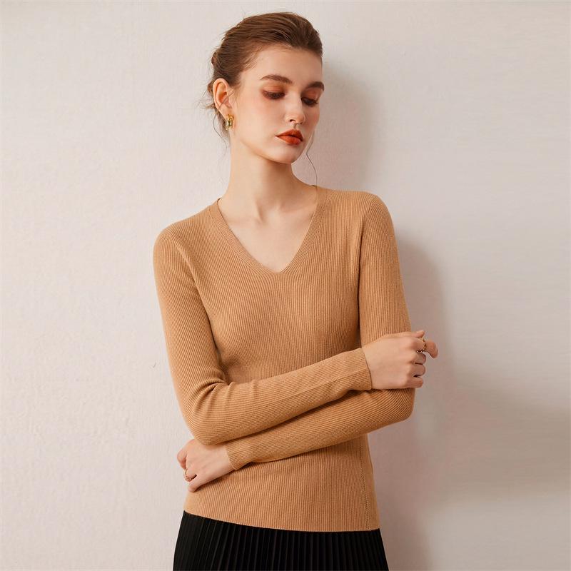 Women's Cross V-Neck Striped Wool Knit Pullover, Slim-Fit Base Layer for Autumn/Winter