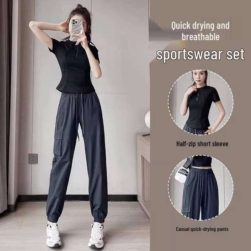 Women's Quick-Dry Pilates Yoga Tracksuit - High-End Fitness & Running Set with Short Sleeve Top and Pants (2024 Style)