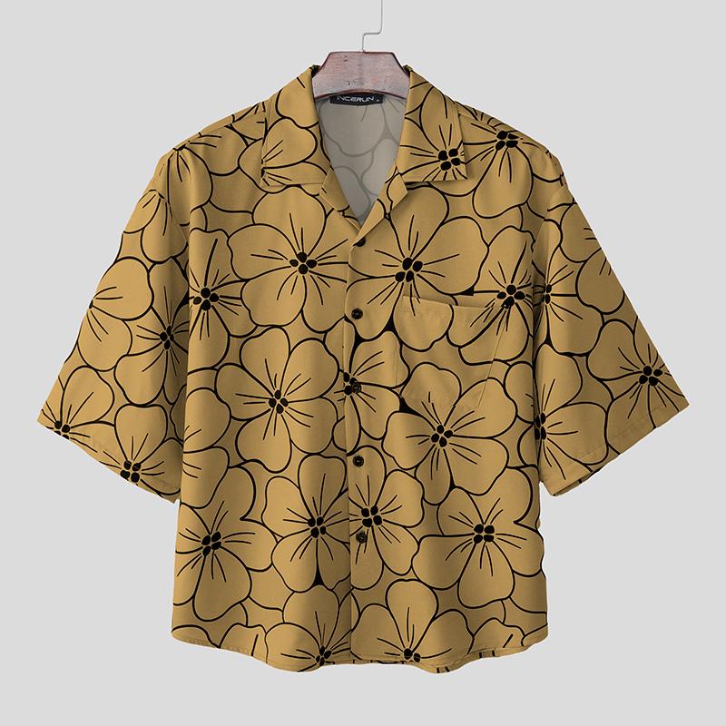 INCERUN Oversized Men Lapel Neck Half Sleeve Floral Print Casual Shirts