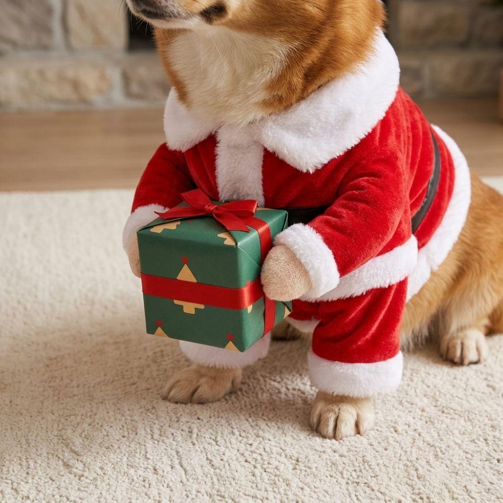Plush Fabric Pet Christmas Gift Box Costume Soft Elastic Pet Gift Holding Outfit Holiday Gift