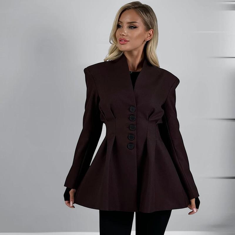 2025 Damen Einfarbiges Kurzes Anzujackett mit Taillenbetonendem Knopfrevers und Langen Ärmeln
