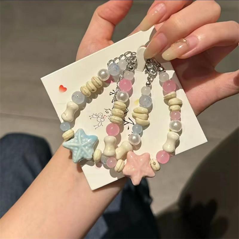 Korean Sweet Ceramic Starfish Bracelets for Women Girls Handmade Pink Blue Beaded Bracelet Aesthetic Y2K Jewelry Friendship Gift