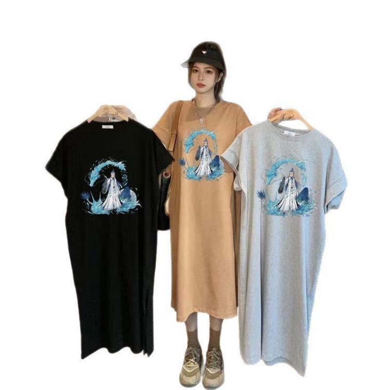 Women's Printed T-shirt Dress Short Sleeve Summer Loose Medium Length Plus Size Casual Dress