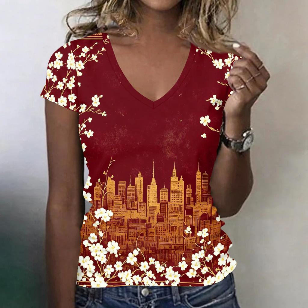 Women’s Casual V Neck Short Sleeve T Shirt with Floral Print Relaxed Fit Lightweight Top for Everyday Wear