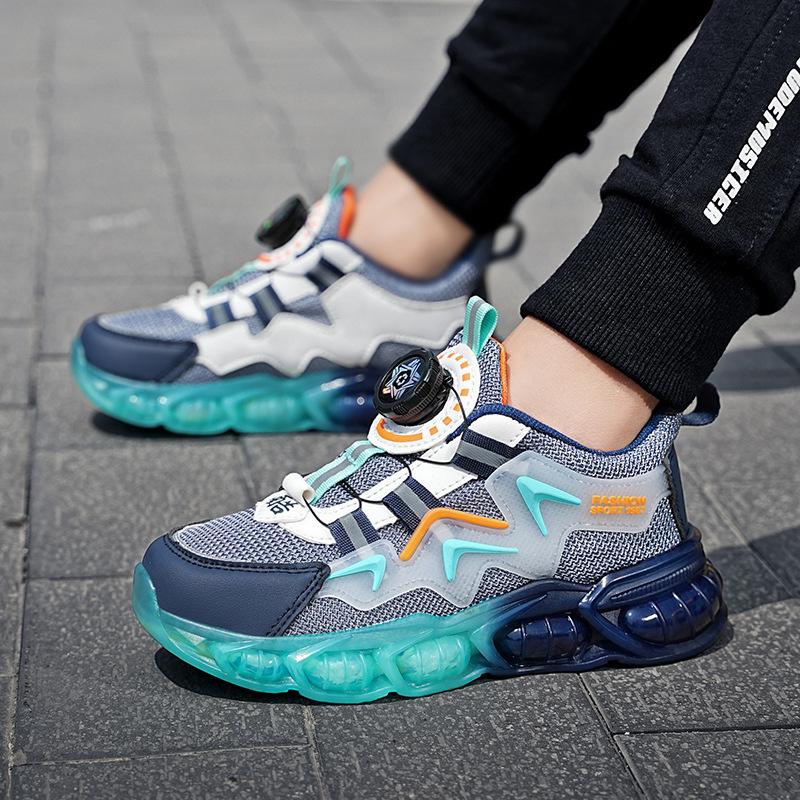 Boys' Shoes Autumn and Winter New Mesh Rotating Buckle Leather Children's Sports Shoes Medium and Older Children's Leisure Girls' Travel Shoes