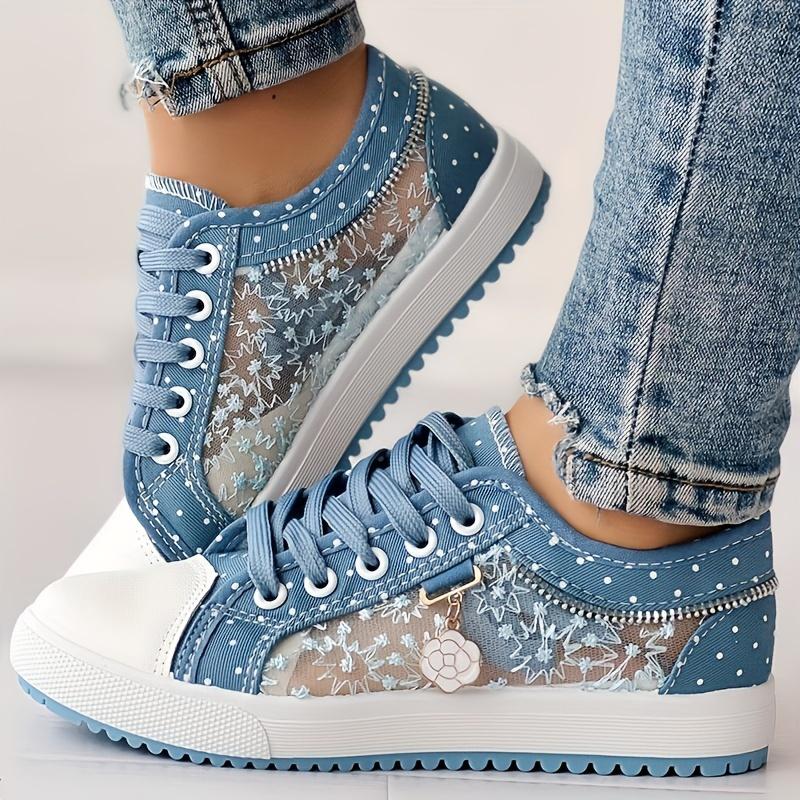 Women's Floral Mesh & Synthetic Cover Casual Sneakers - Breathable Low-Top Lace-Up Round-Toe Spring Shoes with PU Sole for Casual Attire