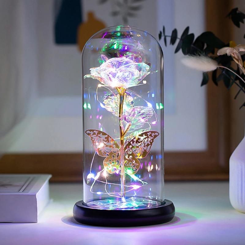 Galaxy Rose Lamp with Butterfly & Colorful LED Lights Artificial Rose in Glass Dome Battery Powered Romantic Gift for Wedding Home Decor