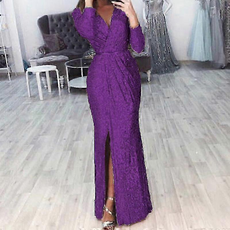Women Deep V Neck Sequin Dress With Slit Long Sleeve Club Party Evening Dress For Women Lady - JA