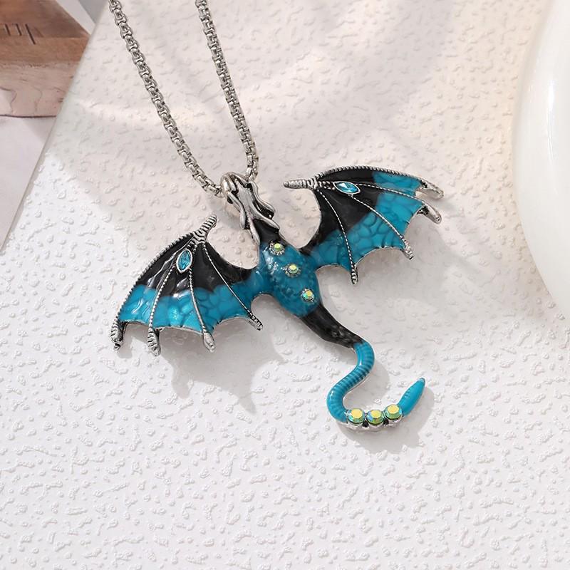Exaggerated Retro Enamel Cartoon Dragon Pendant Necklace with Rhinestones синий