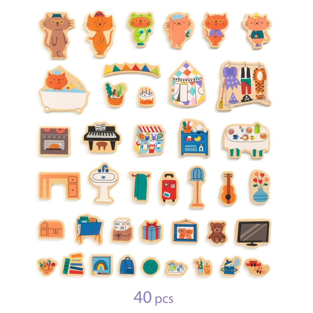 DJECO Magnet in the House Magnetic Toy Dollhouse Toy Furniture Interior Magnetic Wooden Educational Toy Puzzle Pretend Play Ages 2, 3, 4, 5 (DJ03089)