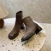 French Square Toe Slim Boots For Women Spring And Autumn New Patchwork Suede Retro Thick Heel Soft Soled Short Boots High Heels