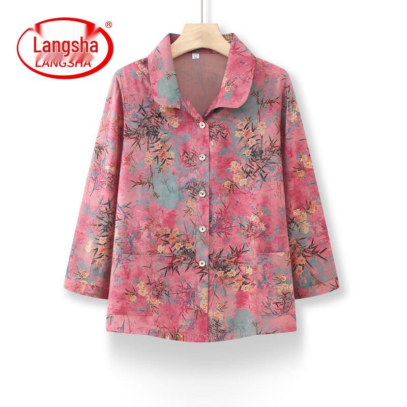 LangSha Women s Floral Long-Sleeve Button-Up Shirt 4XL