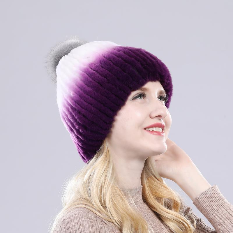 Winter hat Good elasticity women knitted 100% real rex rabbit fur cap with fox fur pompoms Natural rex rabbit fur lady warm hats