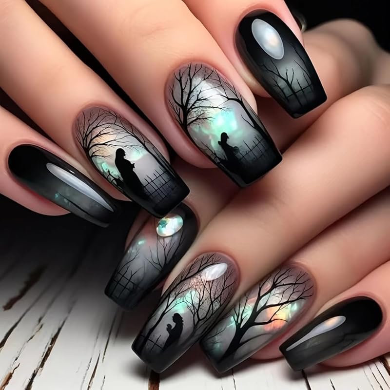 Press on Nails Halloween Square French Tip Fake Nails Mummy and Cobweb Designs Stick on Nail Nude Color Acrylic Nail Halloween Glue on Nails Full