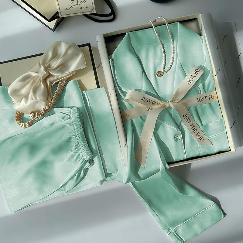 French Cute Cat Ice Silk Pajamas Women'S Spring And Autumn Sweet Wind Cool Long-Sleeved Loungewear Suit Can Be Worn Outside