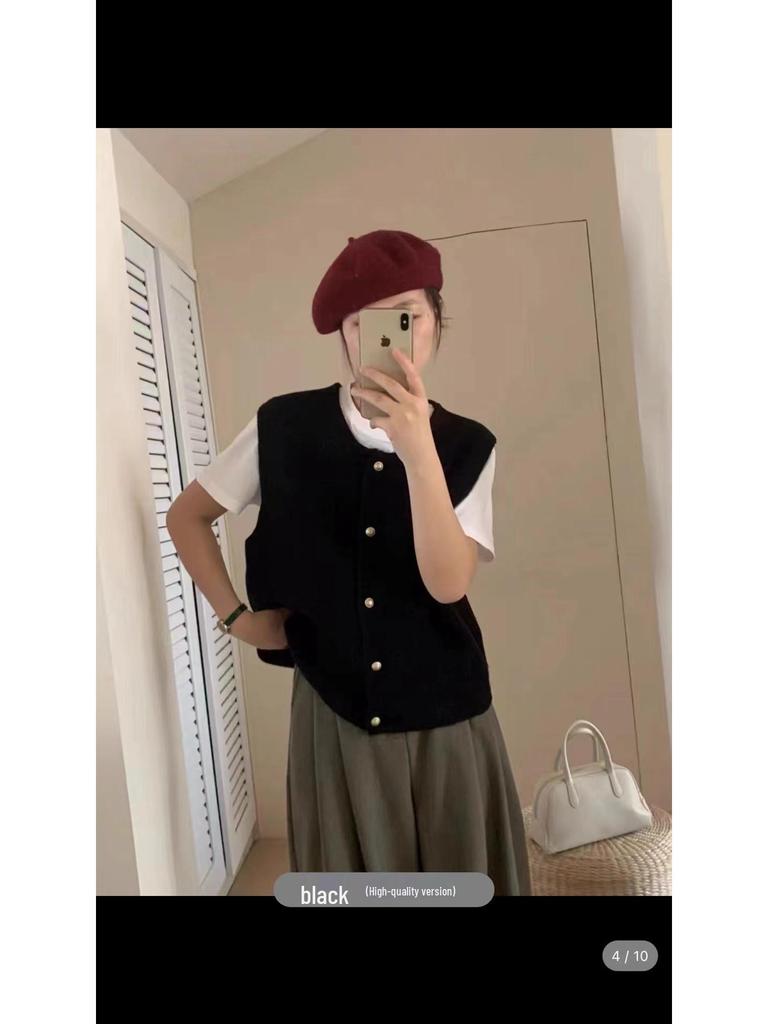 YS Women's Korean Style Slim Fit Layered Sweater Vest - Autumn/Winter Round Neck with Gold Buttons