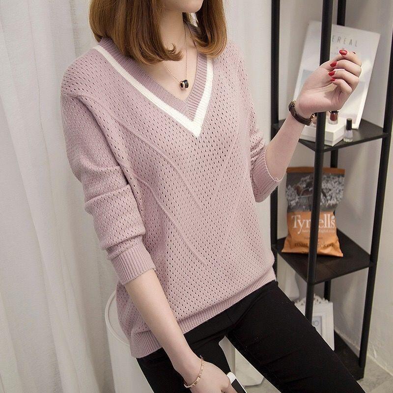 Damen Lässiger Hohlstrickpullover Herbst Winter V-Ausschnitt Langarm Warmer Pullover Damen Pullover