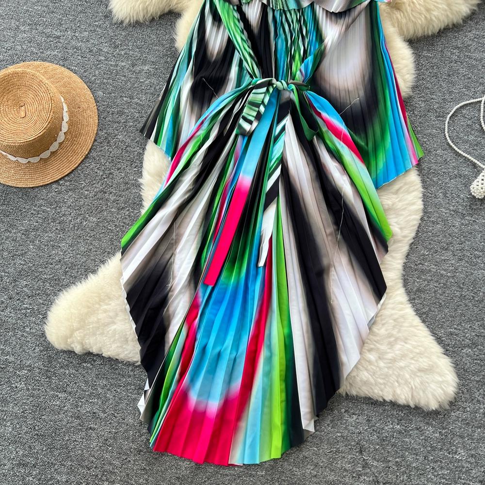 Spring Autumn Women Elegant Print Miyake Fold Cape Robe Batwing Sleeve Oversized Loose Pleated Home Dresses