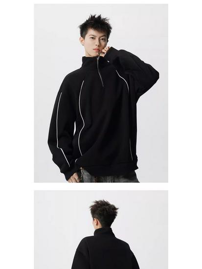 Men's 2025 Spring/Autumn Striped Color Block Half-Zip High-Neck Hoodie - Trendy Loose Heavyweight Top