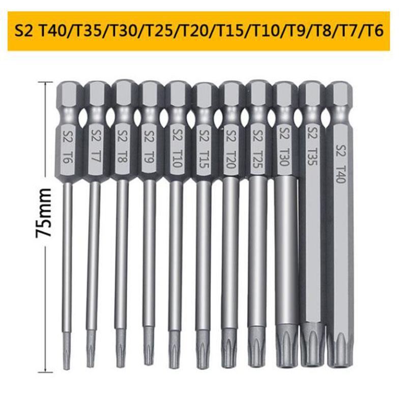 

Набор из 11 шт. Насадки-звездочки Магнитные Шестигранный хвостовик 1/4 Сталь S2 Длина 3 дюйма Насадки для дрели Защищенные насадки Torx 50/75/100 мм