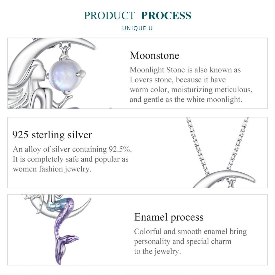 BAMOER 925 Sterling Silver Mermaid Pendant Necklace Moon Neck Chain for Women Delicate Birtrhday Gift Fine Jewelry