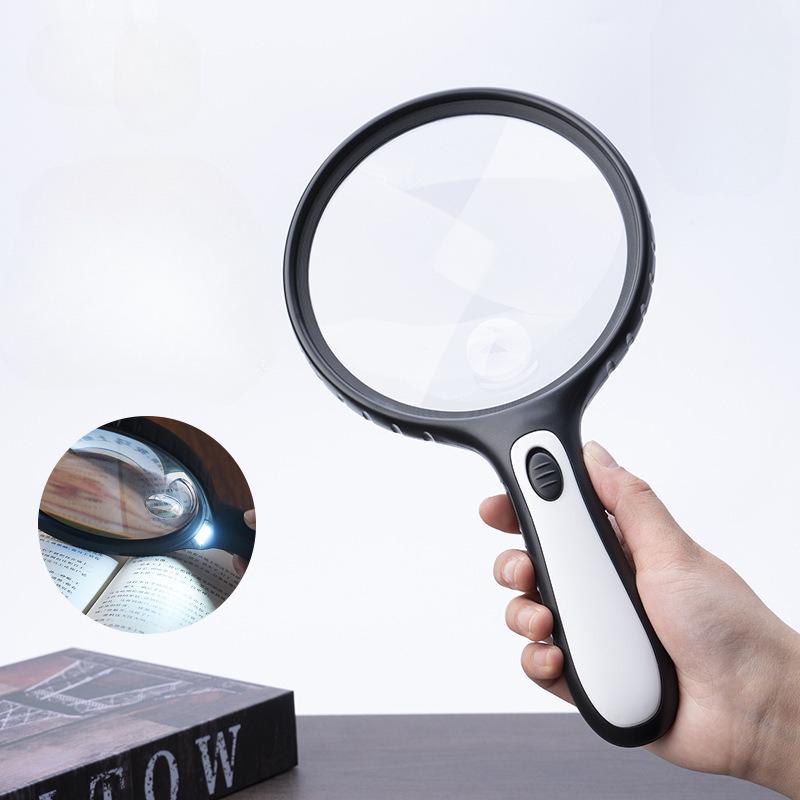 Large Lens Handheld Magnifier 30X Magnifying Glass High Brightness Lights 4LED Illumination White Magnifying Elderly