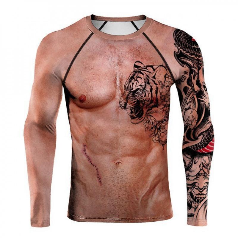 Spring and Autumn Round Neck 3D Muscle Printed Top Fashionable Casual Long Sleeved Men's T-shirts