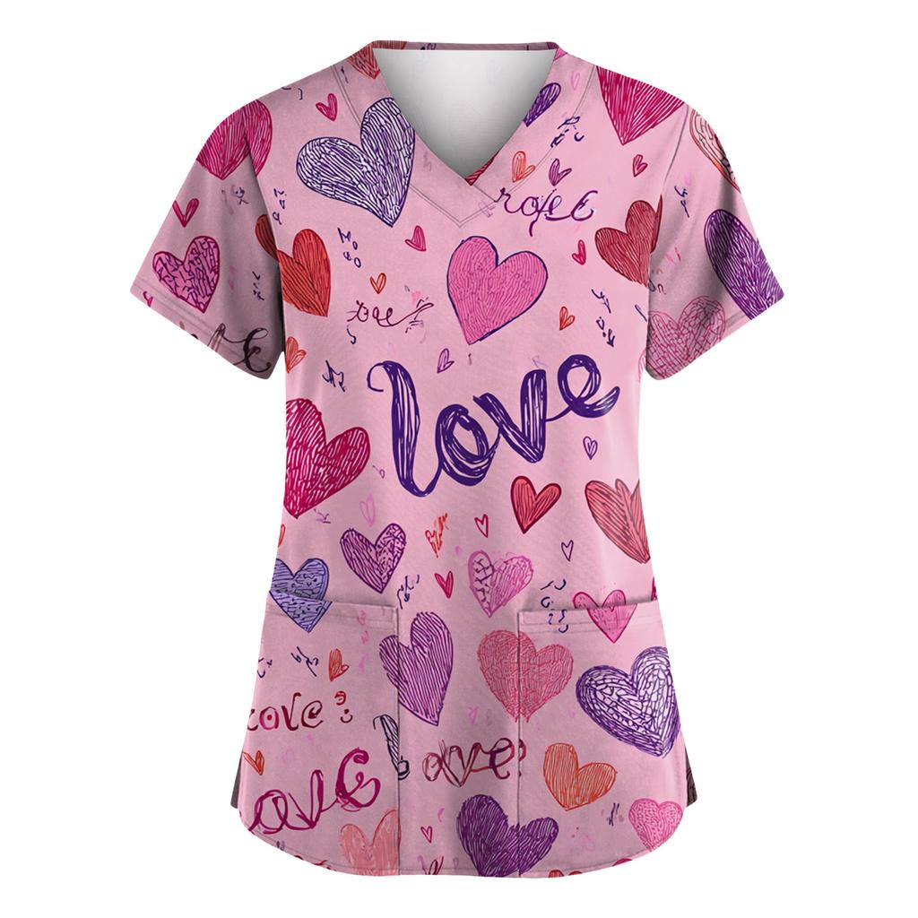 Women V Neck Printed Scrub Top Short Sleeve Uniform with Heart Pattern Two Front Pockets Comfortable Fit
