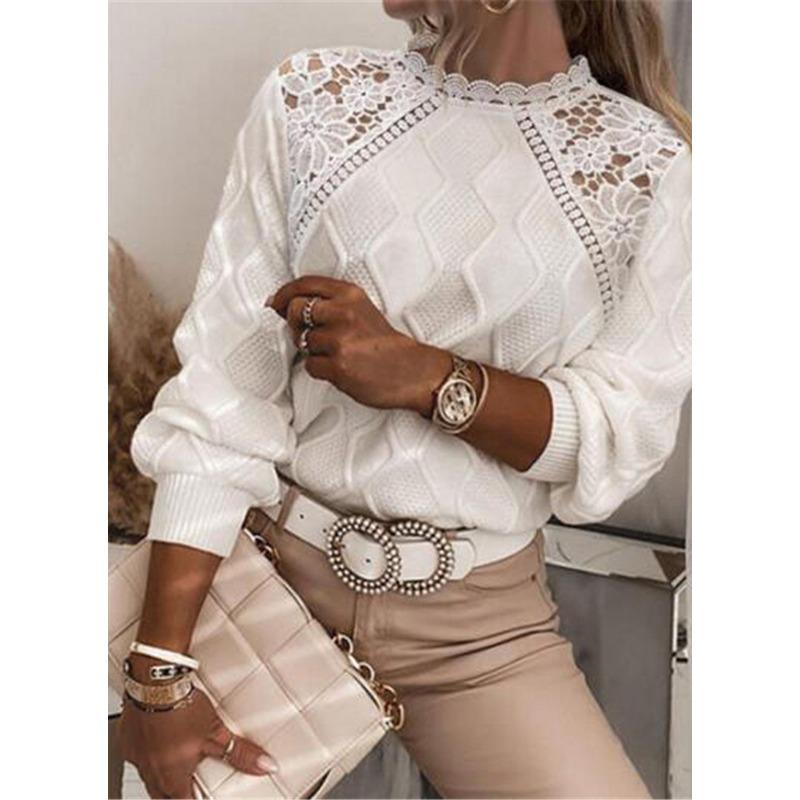 Women White Lace Crochet Neck Long Sleeve Knit Sweater Blouse