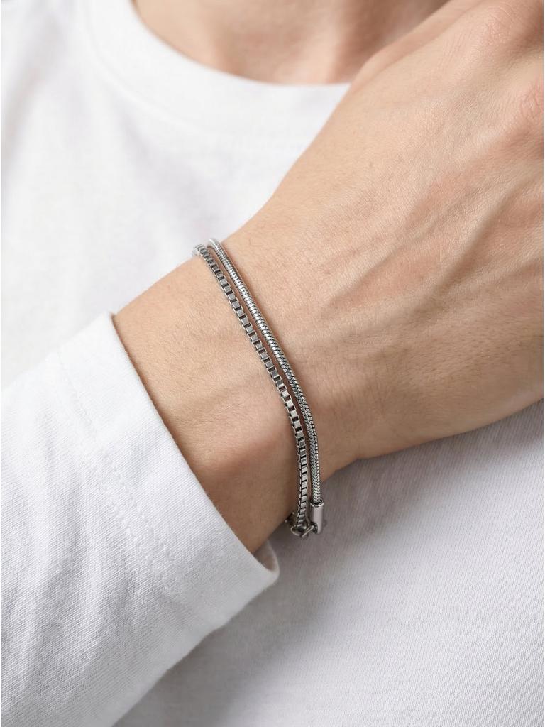 2pcs/set Thin Chain Bracelet for Men Boys,Stainless Steel Silver Color Box Chain Wristband,Minimalist Jewelry Gift