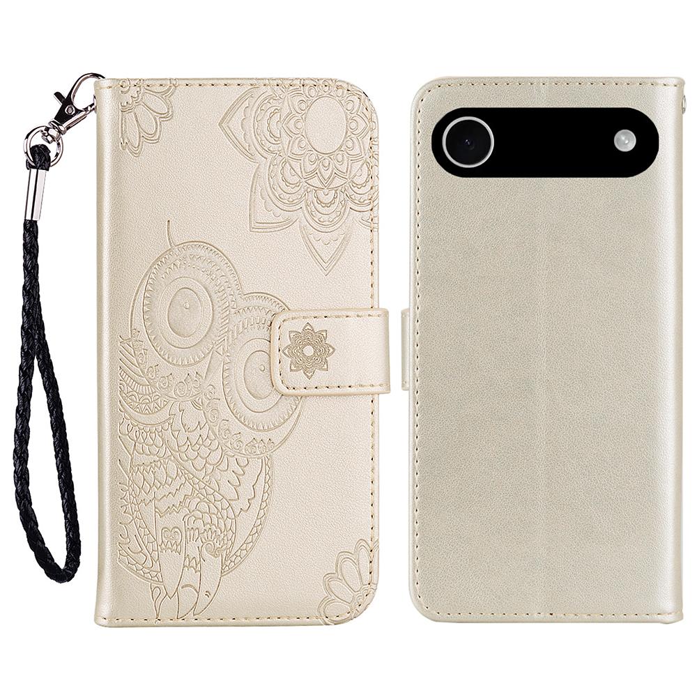 

Для iPhone 17 Air Чехол Кожаный чехол-кошелек с ремешком с тиснением совы и цветов Gold