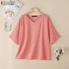 Women Casual V-Neck Solid Color Loose Half Sleeve Blouse