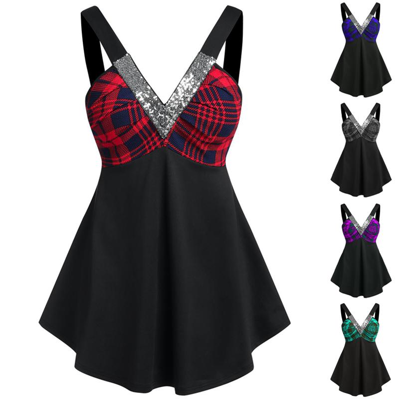 

Женская туника с v-образным вырезом и принтом в клетку, повседневные топы без рукавов, большие размеры