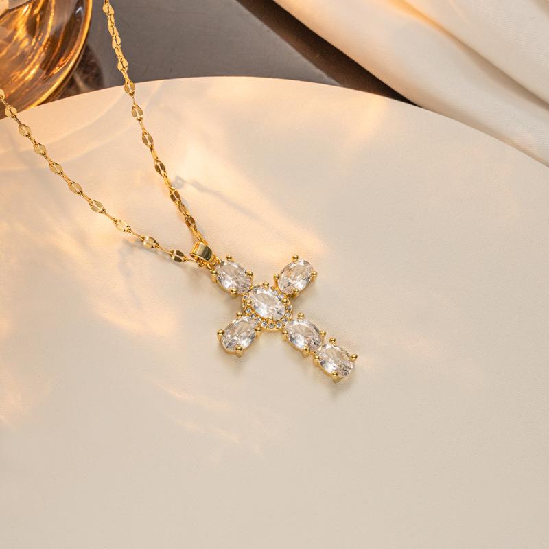 New Copper Micro Zirconia Necklace Multi-coloured Cross Pendant Hip Hop Necklace Collar Bone Chain Women's Necklace