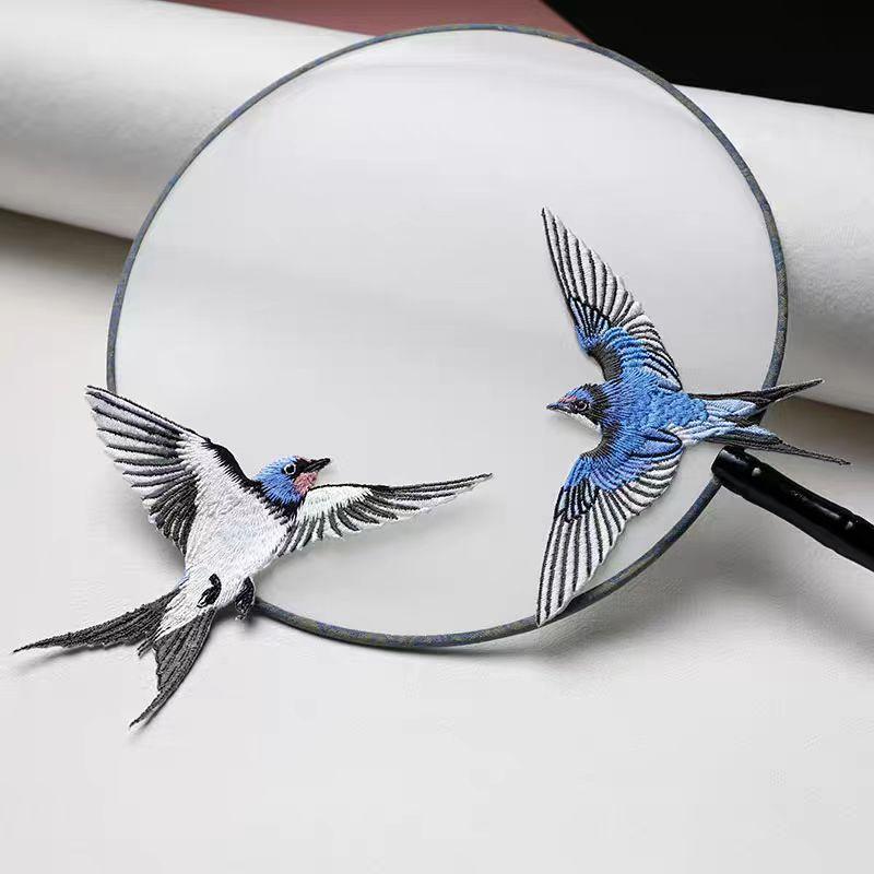 1Pair Blue Swallow Embroidery Patch Multi-Pose Symmetrical Design Iron On Applique For Clothing Hole Repair